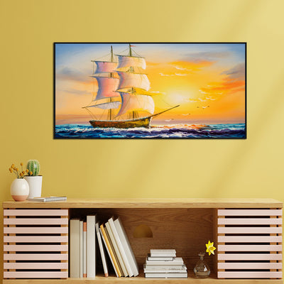 Boat at Sunset View canvas Floating Frame Wall Painting