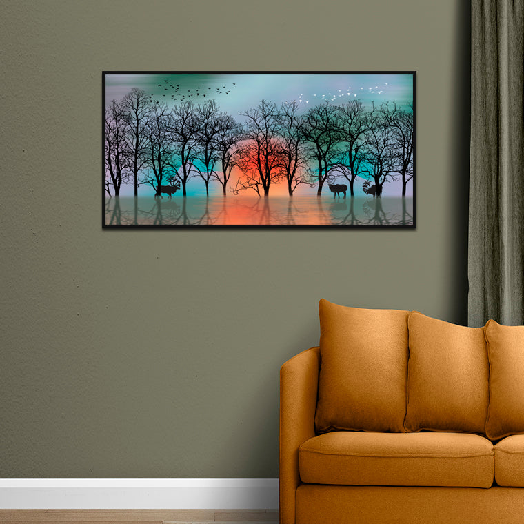 Autumn Tree & Water Canvas Floating Frame Wall Painting