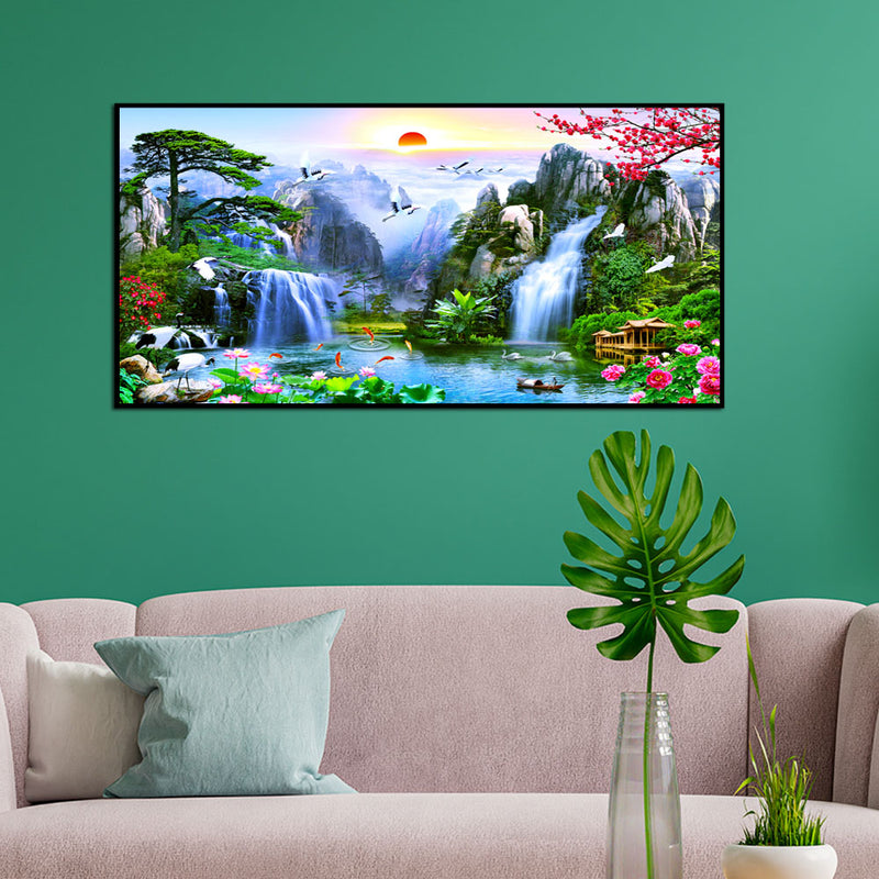 Mountain Waterfall Scenery Canvas Floating Frame Wall Painting
