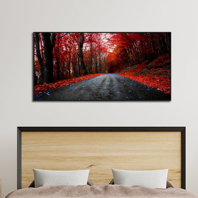 Laeacco Forest Trees Red Leaves Road Canvas Floating Wall Painting