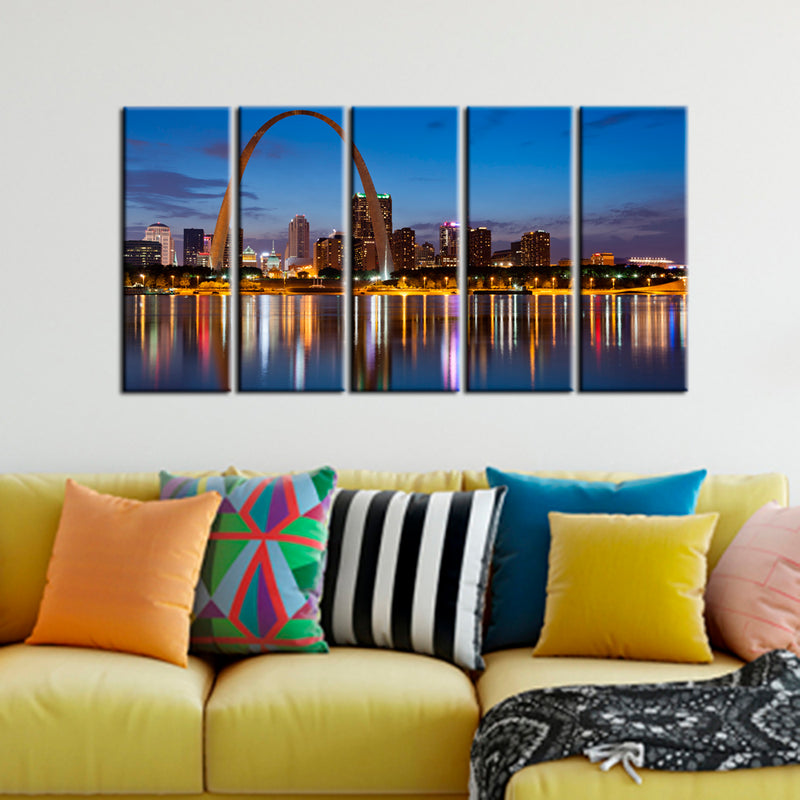 City Lake View Canvas Wall Painting- With 5 Frames