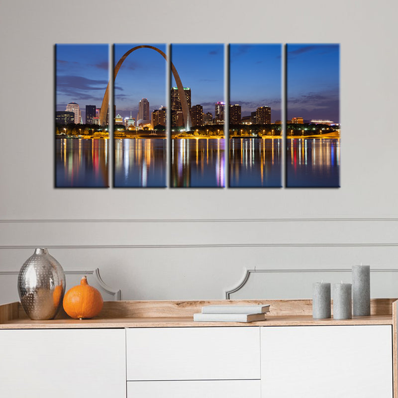 City Lake View Canvas Wall Painting- With 5 Frames