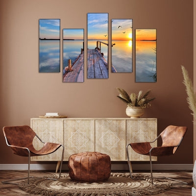 DECORGLANCE Boat & River View Canvas Wall Painting- With 5 Frames