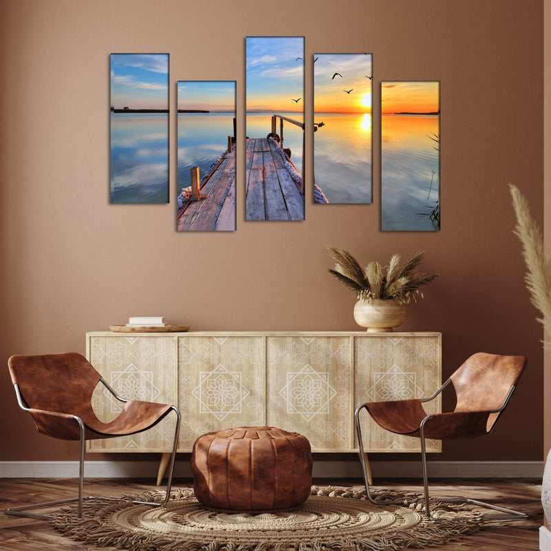 DECORGLANCE Boat & River View Canvas Wall Painting- With 5 Frames