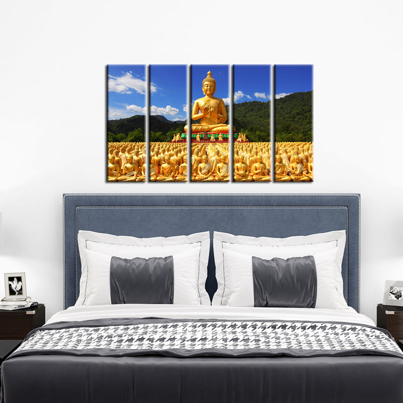 Golden Buddha With Nature Canvas Wall Painting- With 5 Frames