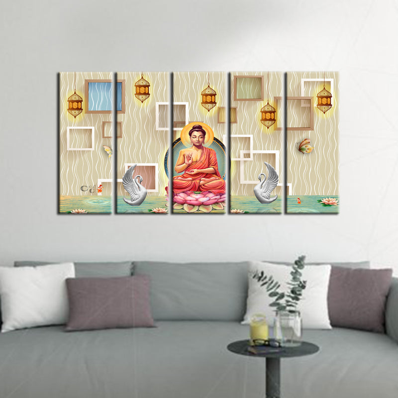 Buddha On Lotus With Swans Canvas Wall Painting- With 5 Frames