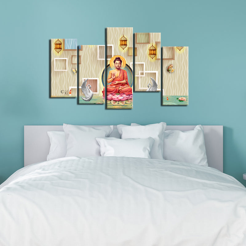 Buddha On Lotus With Swans Canvas Wall Painting- With 5 Frames