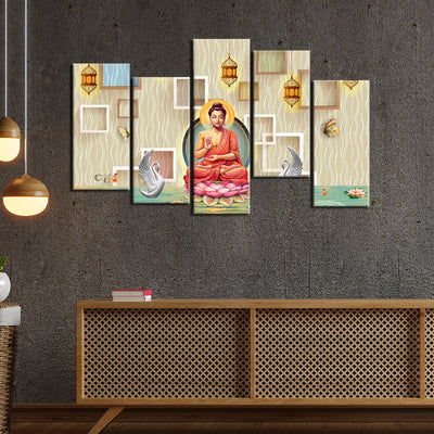 Buddha On Lotus With Swans Canvas Wall Painting- With 5 Frames