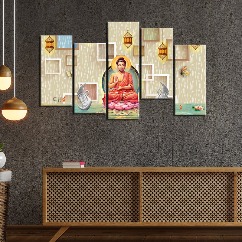 Buddha On Lotus With Swans Canvas Wall Painting- With 5 Frames