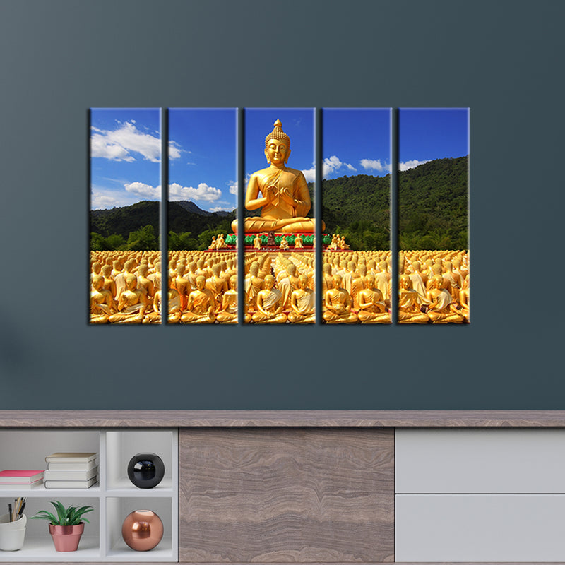 Golden Buddha With Nature Canvas Wall Painting- With 5 Frames
