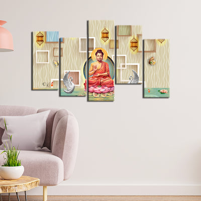 Buddha On Lotus With Swans Canvas Wall Painting- With 5 Frames