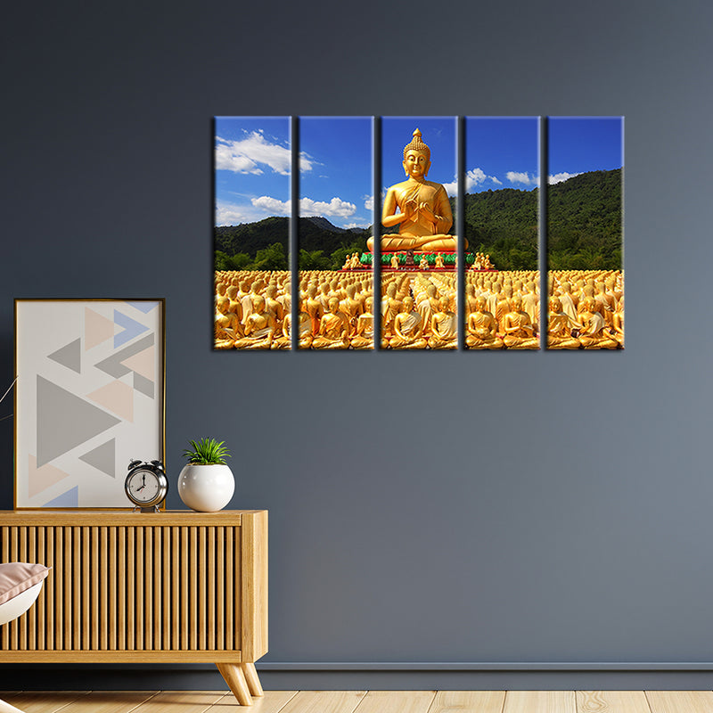 Golden Buddha With Nature Canvas Wall Painting- With 5 Frames