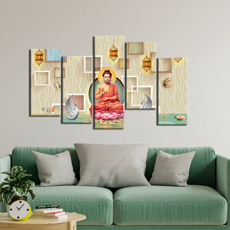 Buddha On Lotus With Swans Canvas Wall Painting- With 5 Frames