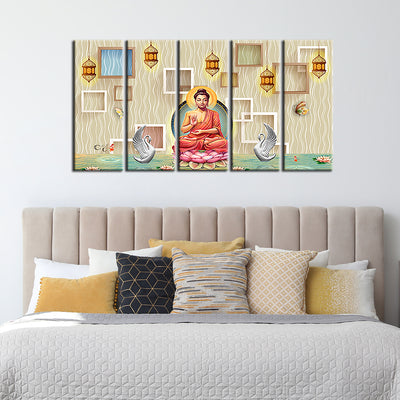 Buddha On Lotus With Swans Canvas Wall Painting- With 5 Frames