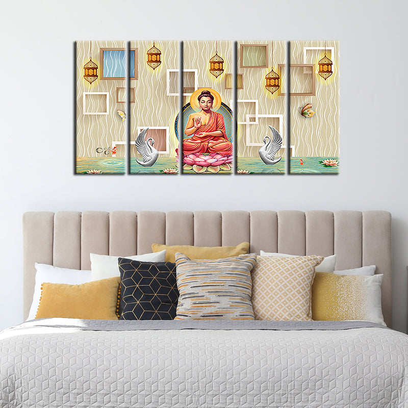 Buddha On Lotus With Swans Canvas Wall Painting- With 5 Frames