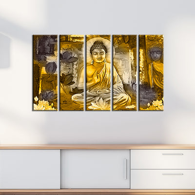 Golden Buddha Abstract Wood Framed Canvas Wall Painting- With 5 Frames