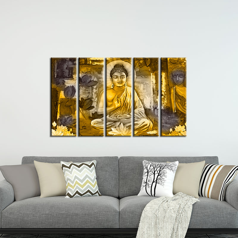 Golden Buddha Abstract Wood Framed Canvas Wall Painting- With 5 Frames