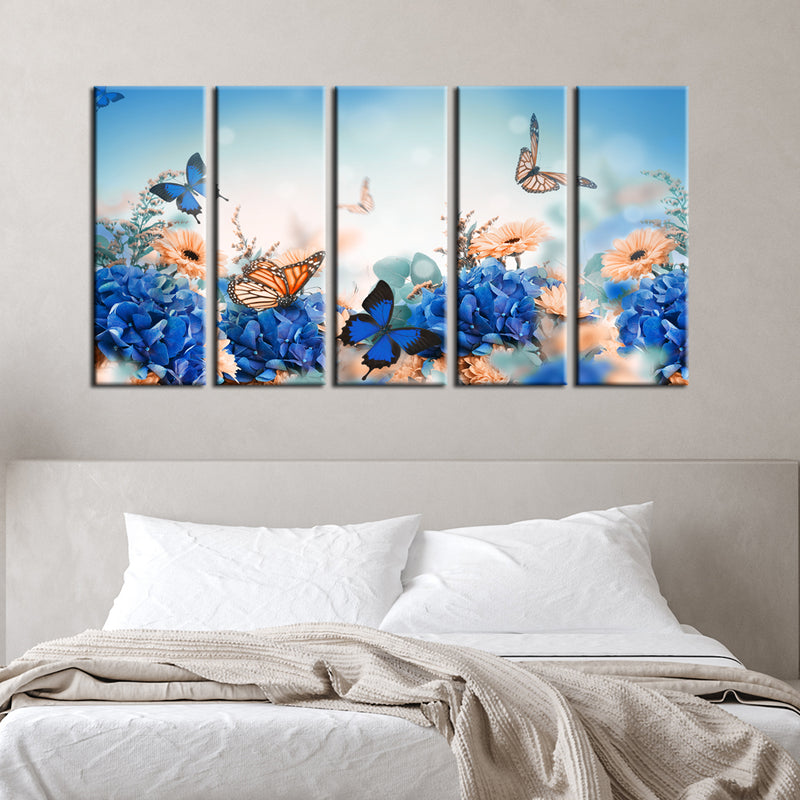 Blue Butterfly With Flower Wood Framed Canvas Wall Painting- With 5 Frames