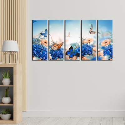 Blue Butterfly With Flower Wood Framed Canvas Wall Painting- With 5 Frames
