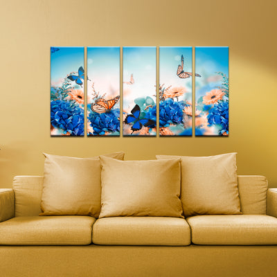 Blue Butterfly With Flower Wood Framed Canvas Wall Painting- With 5 Frames
