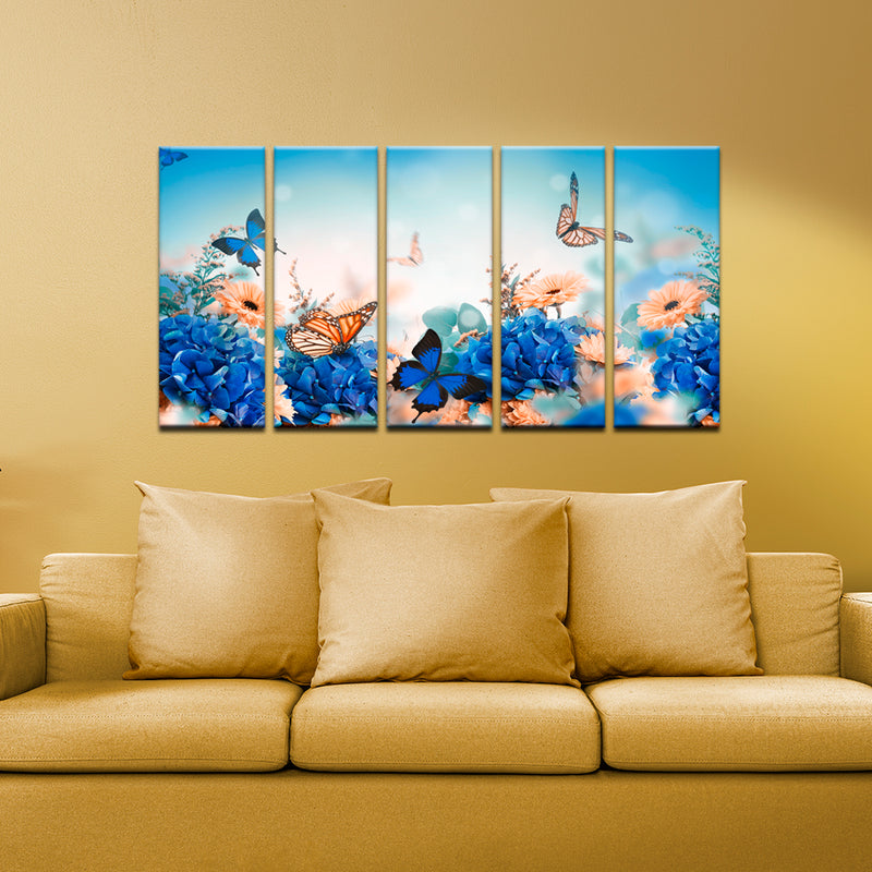 Blue Butterfly With Flower Wood Framed Canvas Wall Painting- With 5 Frames