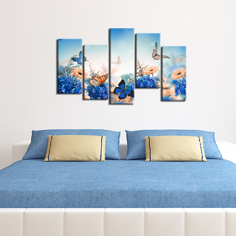 Blue Butterfly With Flower Canvas Wall Painting- With 5 Frames