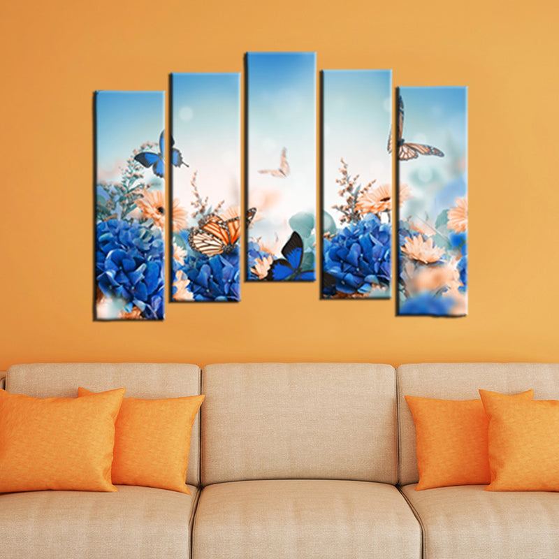 Blue Flora Wood Framed Canvas Printed Wall Painting- With 5 Frames