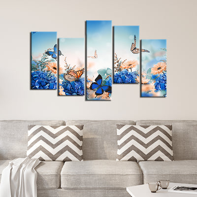 Blue Butterfly With Flower Canvas Wall Painting- With 5 Frames