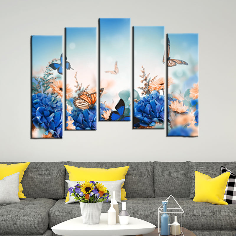 Blue Flora Wood Framed Canvas Printed Wall Painting- With 5 Frames