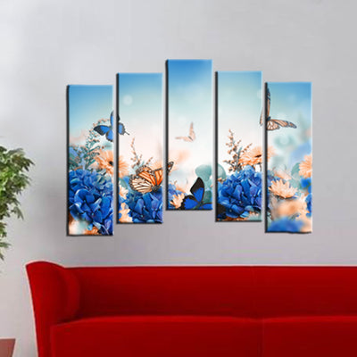 Blue Flora Wood Framed Canvas Printed Wall Painting- With 5 Frames