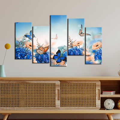 Blue Butterfly With Flower Canvas Wall Painting- With 5 Frames