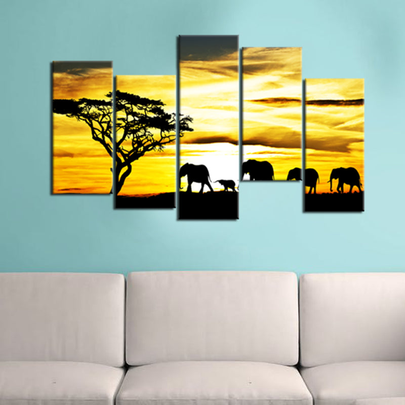 Beautiful View of Elephant Family Canvas Wall Painting- With 5 Frames