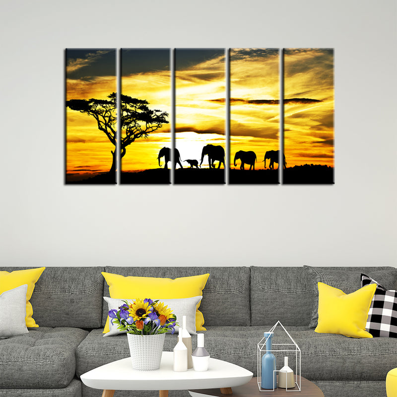 Beautiful View of Elephant Family Canvas Wall Painting- With 5 Frames