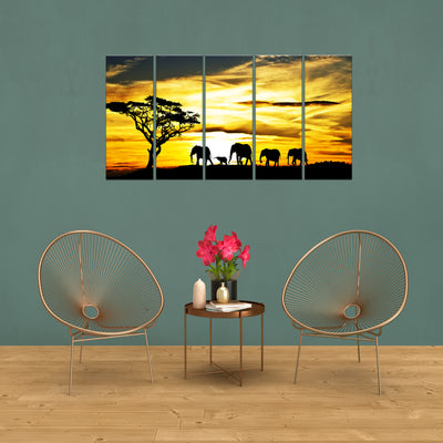 Beautiful View of Elephant Family Canvas Wall Painting- With 5 Frames