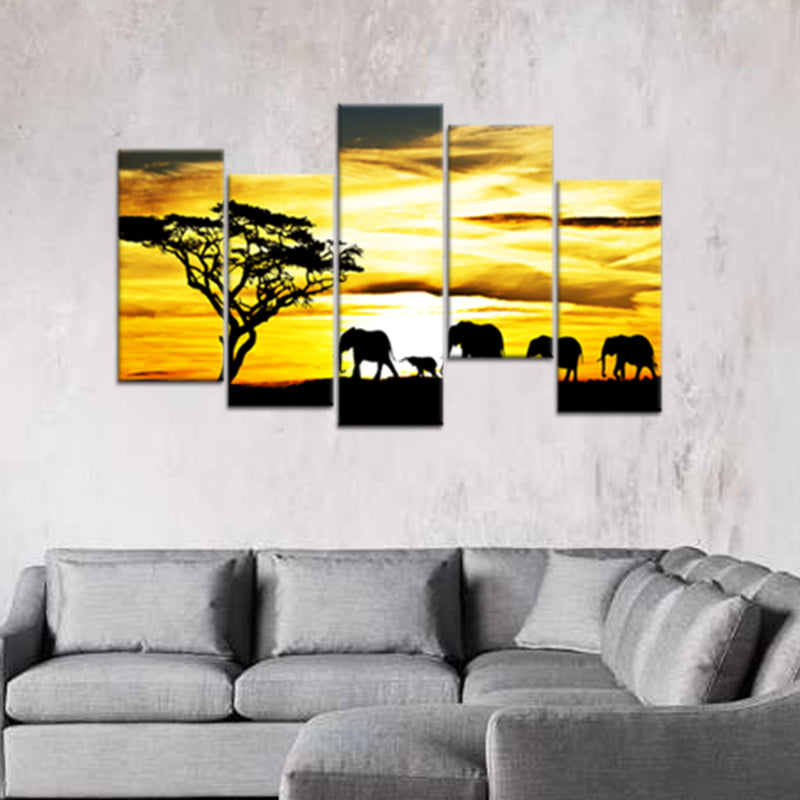 Beautiful View of Elephant Family Canvas Wall Painting- With 5 Frames