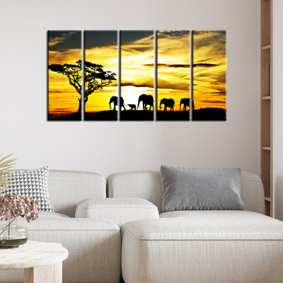 Beautiful View of Elephant Family Canvas Wall Painting- With 5 Frames