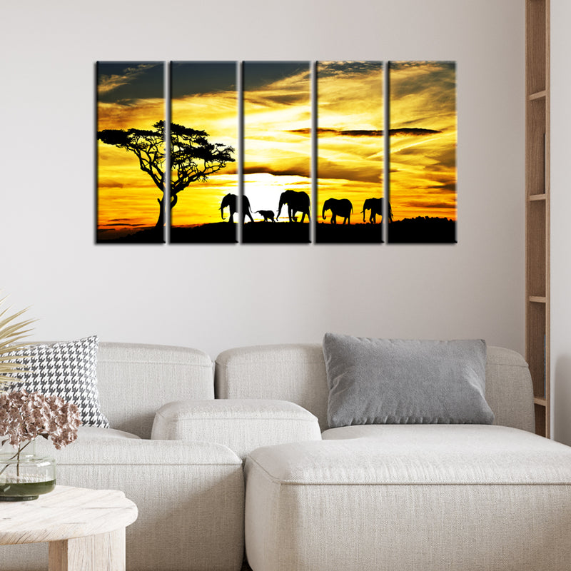 Beautiful View of Elephant Family Canvas Wall Painting- With 5 Frames