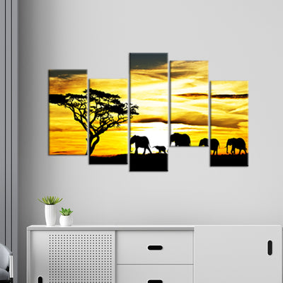 Beautiful View of Elephant Family Canvas Wall Painting- With 5 Frames