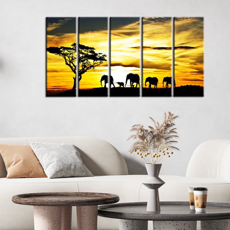 Beautiful View of Elephant Family Canvas Wall Painting- With 5 Frames