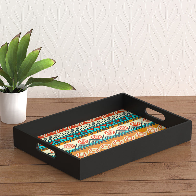 Ethnic-floral- Multicolour texture MDF Serving Tray with cut out Handles (Set of 1)