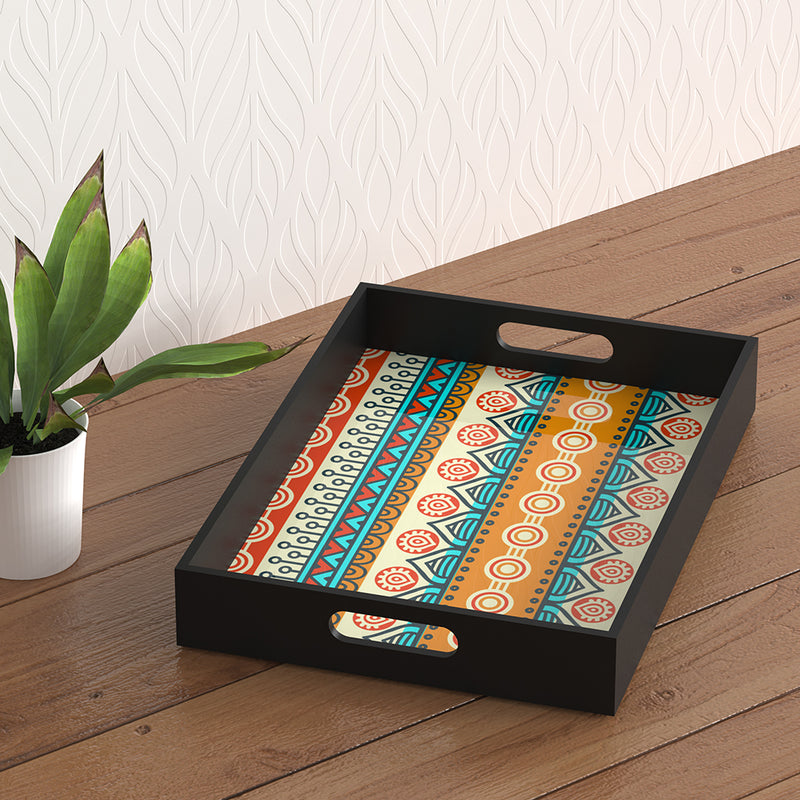 Ethnic-floral- Multicolour texture MDF Serving Tray with cut out Handles (Set of 1)