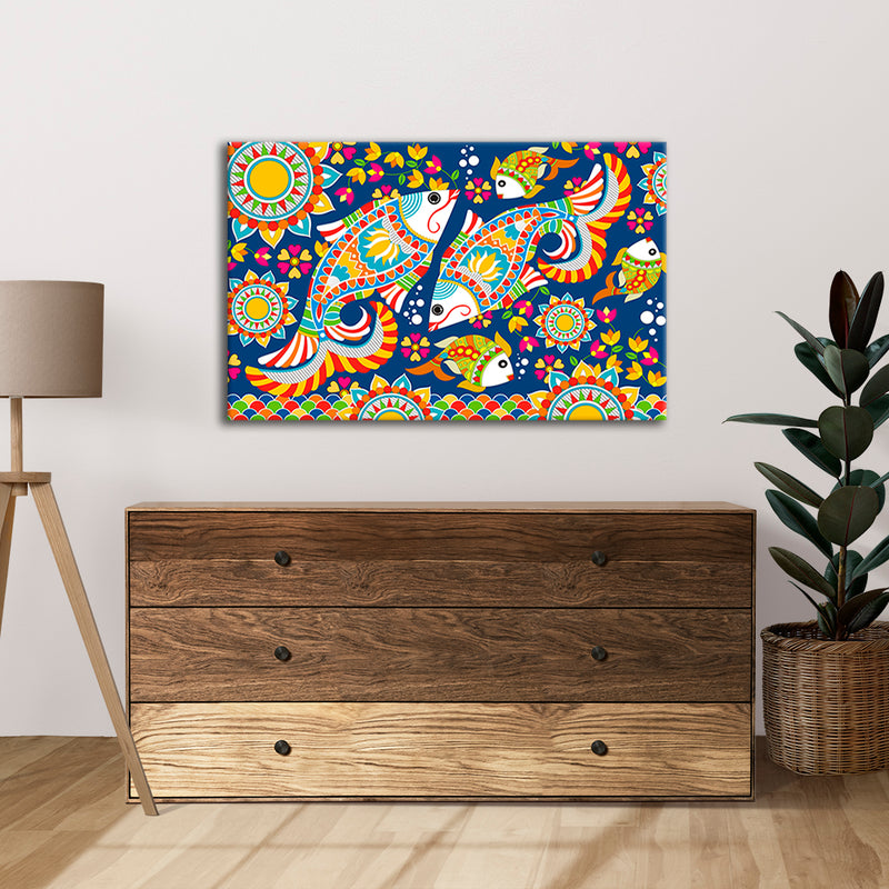Fish Madhubani Pattern Canvas Wall Painting
