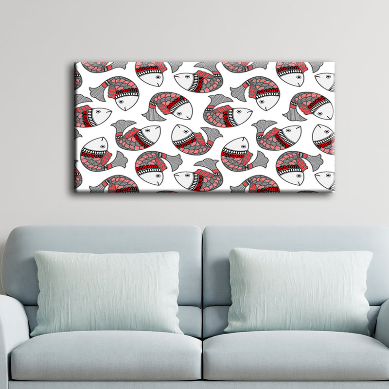 Multiple Fishes In Madhubani Pattern Canvas Wall Painting