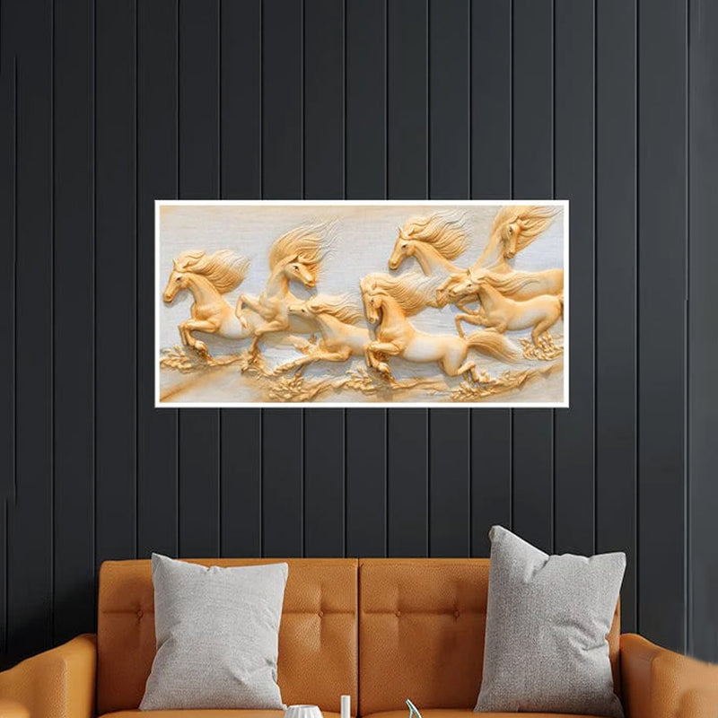 DECORGLANCE Seven Golden Horses Running Canvas Floating Frame Wall Painting