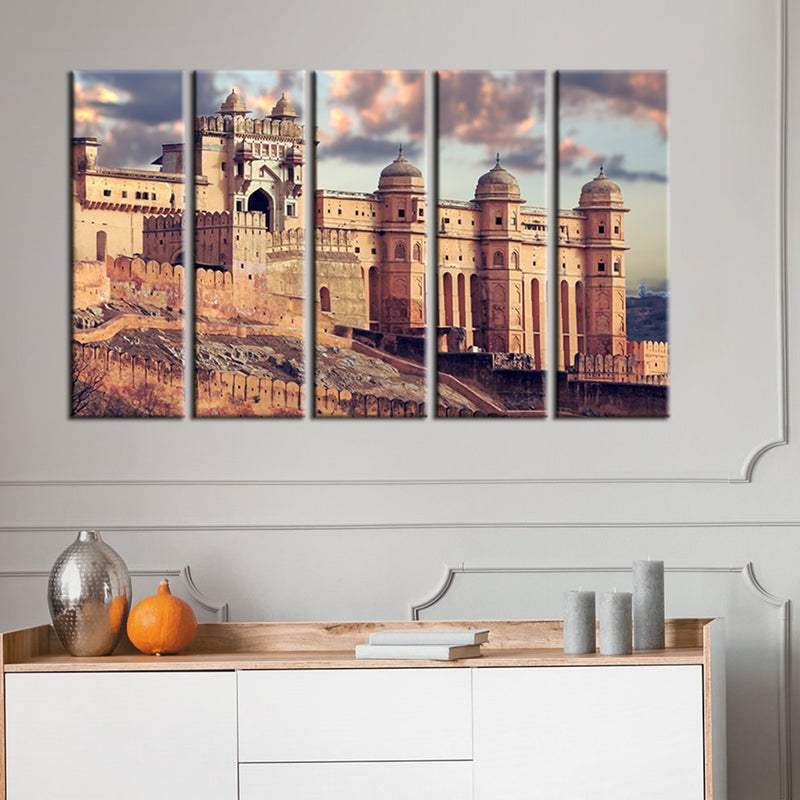 Amer fort Abstract Canvas Wall Painting- With 5 Frames