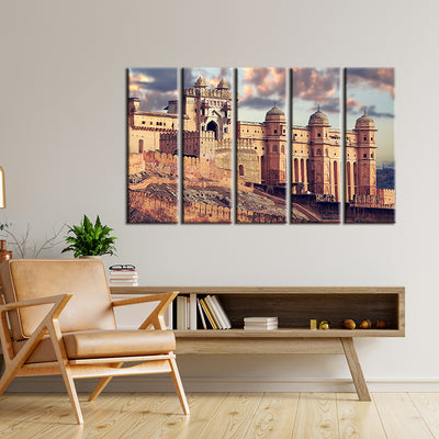 Amer fort Abstract Canvas Wall Painting- With 5 Frames
