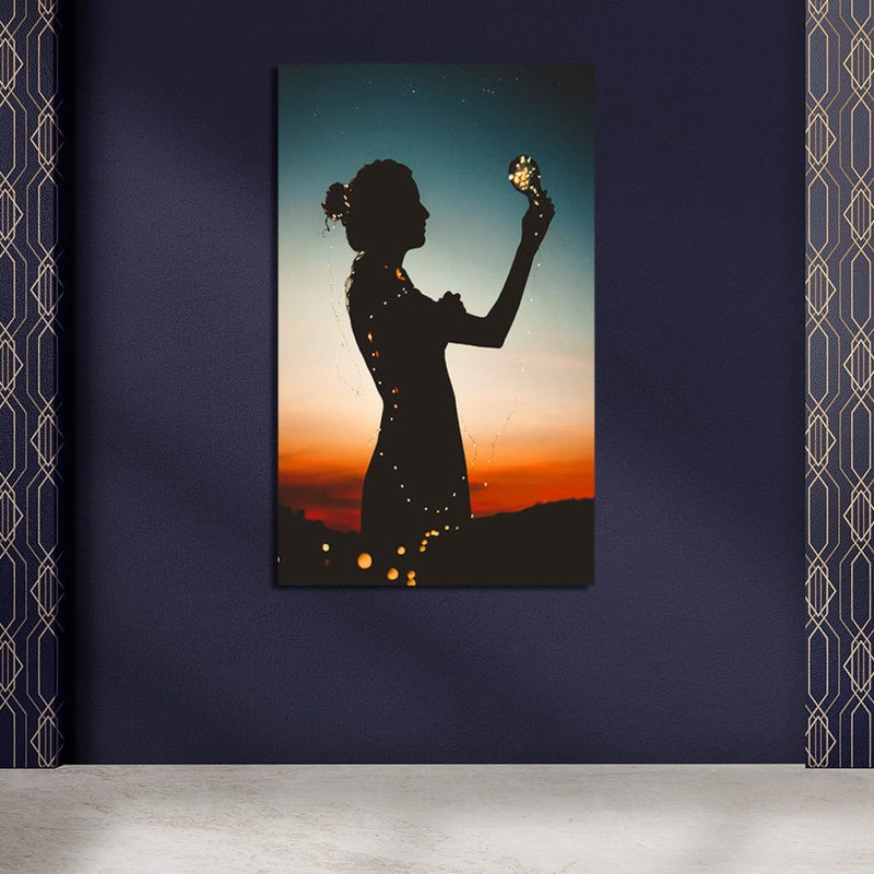 DecorGlance Girl Holding Light Bulb Canvas Wall Painting