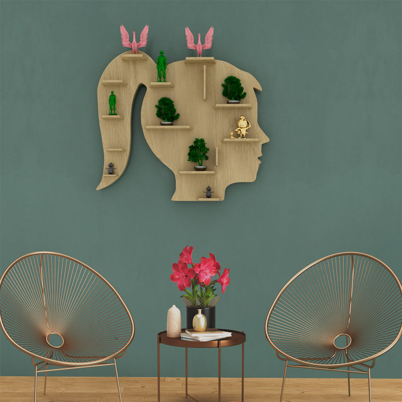 Oak Finish Girl Face Shaped Wall Shelf