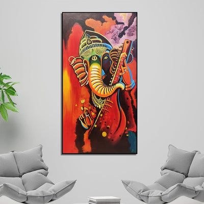 DecorGlance HAND PAINTING Handmade 3D Look Ganesha Playing Sitar Abstract Canvas Wall Painting (Acrylic Color)