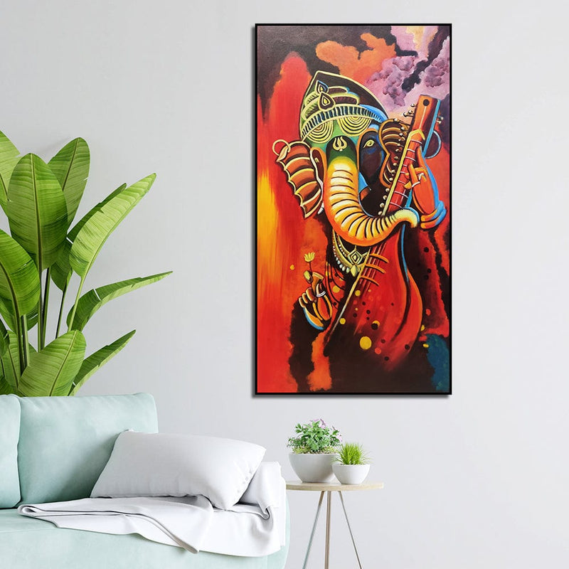 DecorGlance HAND PAINTING Handmade 3D Look Ganesha Playing Sitar Abstract Canvas Wall Painting (Acrylic Color)